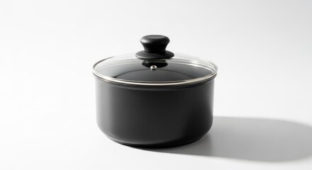 Obraz premium A small black cooking pot with a glass lid and handle, casting a shadow