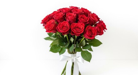 A vibrant bouquet of red roses tied with a white ribbon, against a clean white backdrop