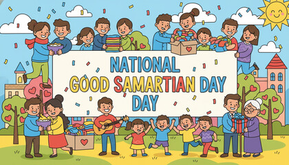 illustration of diverse people helping others, giving food, donating clothes, showing kindness, celebrating National Good Samaritan Day