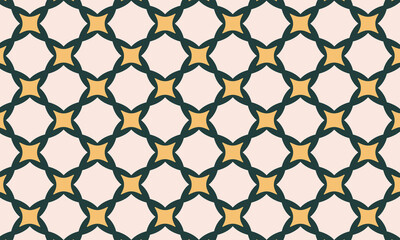 Fototapeta premium Stylish geometric seamless pattern featuring a dark teal interlocking quatrefoil lattice and bright mustard yellow star shapes on a pale blush background.