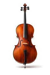 Fototapeta premium A violin stands upright on a flat surface. It is in a home studio setting where music practice occurs. Natural light fills the room, highlighting its shape and color