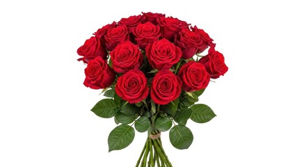 A vibrant bouquet of red roses with green stems and leaves, set against white