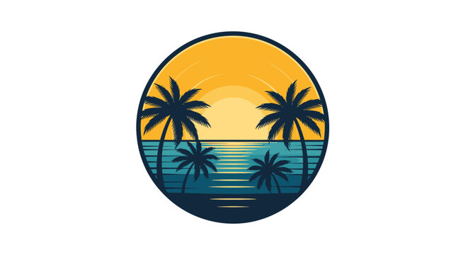 Tropical Sunset Beach Palm Trees Ocean Circle Logo Design.