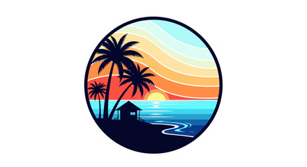 Tropical Sunset Beach Scene with Palm Trees and Hut.