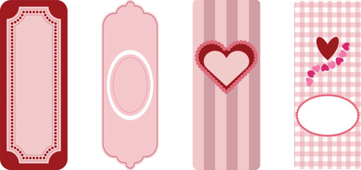 Four pink and red decorative tags with hearts and patterns