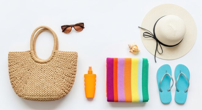 Beach essentials neatly arranged on white background, sun hat, bag, sunglasses, and towel