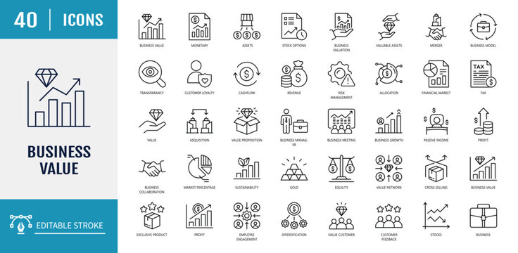 5
Business value icon set. Includes Profit, Growth, Efficiency, Innovation, Quality, Reputation, Reliability, Brand Identity and more. Outline Icon Set. Vector Illustration with Editable Strokes