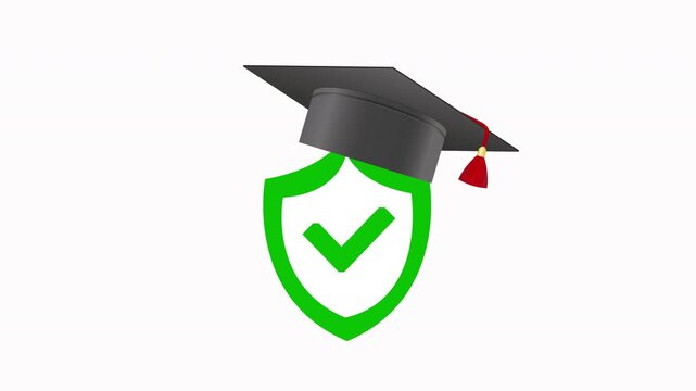 Education Security Concept Animation showing Mortarboard on Green Shield with Alpha Channel