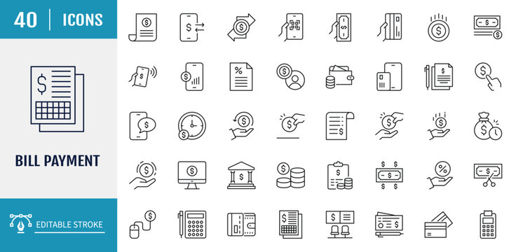 Bill Payment icon set. Includes bill, receipt, invoice, document, atm, cash, and other. Outline Icon Set. Vector Illustration with Editable Strokes