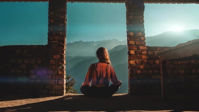 Meditation in the mountains An Inner Journey for Achieving Clarity and Calmness Within Yourself. Woman with her back turned. loop movie.