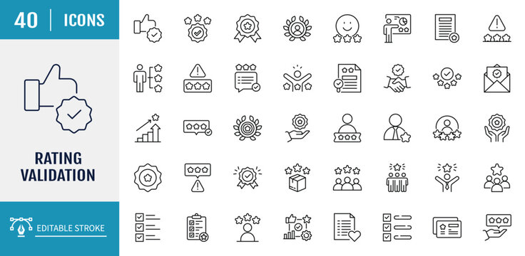 Rating Validation icon set. Containing conversation, checklist, choice, testimonial, satisfaction scale and more. Outline Icon Set. Vector Illustration with Editable Strokes