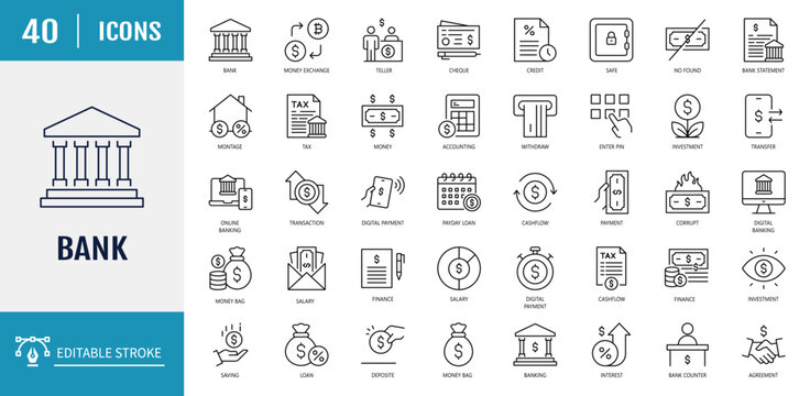 Bank icon set. Includes wallet, online banking, ATM, savings, mortgage, investment, banger and more. Outline Icon Set. Vector illustration with Editable stroke