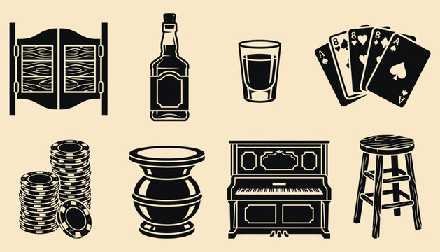 Wild West Saloon Icons: Vector Set of Vintage Gambling and Bar Elements