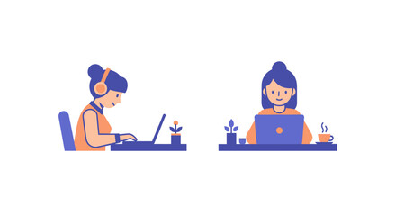 Obraz premium Two women working on laptops, illustrating remote work and online education.