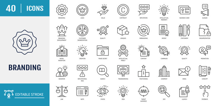 Branding icon set. Includes marketing, product, design, logo, social media, advertising, brand value, loyal customers and more. Outline Icon Set. Vector Illustration with Editable Strokes