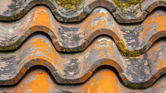 Close view of roof tiles displaying age, moss growth, and rust in a residential setting during daylight hours