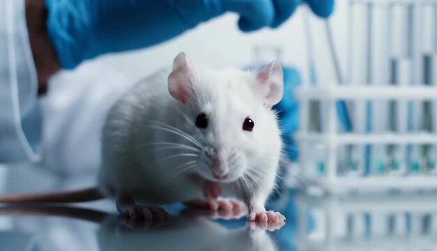 White laboratory rat sitting on a table in a modern research lab. A scientist in blue gloves conducts medical experiments in the background