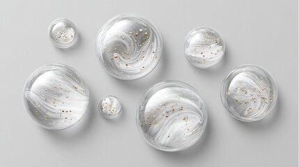 Several translucent, swirling, circular droplets with flecks of gold on a gray backdrop