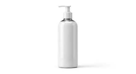 A clear plastic bottle with a pump dispenser and a white cap on a white background