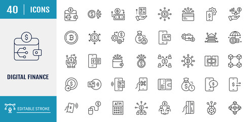 Digital Payment icon set. Includes pos terminal, NFC, money, and more. Outline icon set. Vector illustration with editable stroke