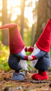 Two charming gnomes holding hands in a sunlit forest setting