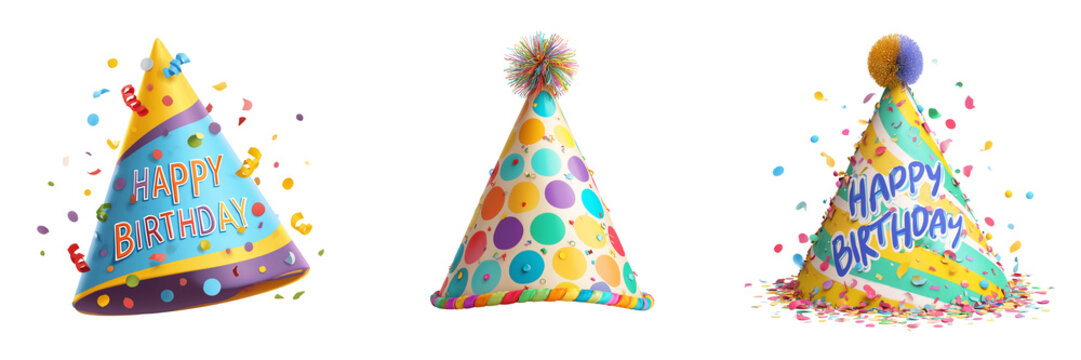 Set of birthday party cone hat with pastel colors and subtle texture on transparent png background. Ai generated