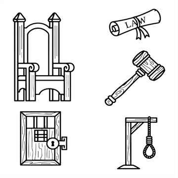 A black and white illustration of various law and justice symbols including a throne, gavel, law scroll, prison door, and gallows.