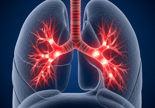 Human lungs with highlighted bronchi and bronchioles on dark blue background, medical illustration showing respiratory system