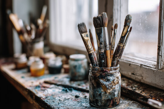 Artist workspace with paint brushes in glass jar on textured canvas near window in vintage studio