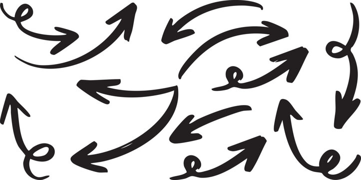 Hand drawn curved arrow set with dynamic looping and flowing directions in black sketch style, isolated vector arrows for movement, navigation, and creative design use