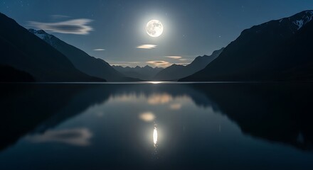Moonlit Night over Calm Mountain Lake.