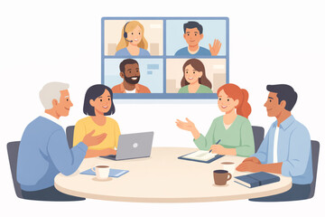 Fototapeta premium Diverse team collaborating remotely through video conference and in-person meeting