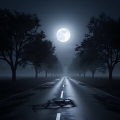 Moonlit Night Road with Trees and Shadows.