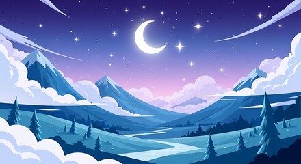 Moonlit Night Sky Over Snowy Mountains Landscape.