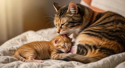 Mother Cat Grooming Kitten on Bed.
