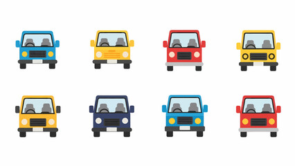 Fototapeta premium A collection of colorful jeep cars arranged in two rows on a clean background viewed from the front