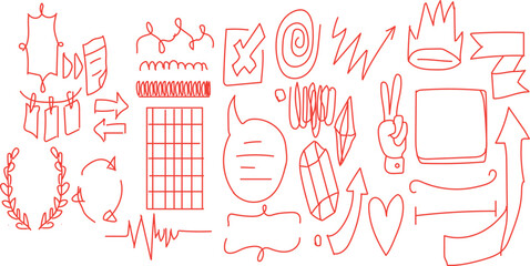 collection of hand-drawn red doodle design elements in a sketchy style. minimalist