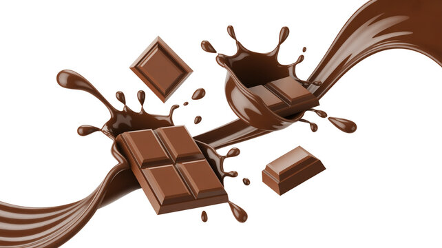 Chocolate bars and chocolate sauce splashing in mid-air creating a delicious scene.