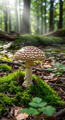 Mushroom in Forest with Moss and Leaves.