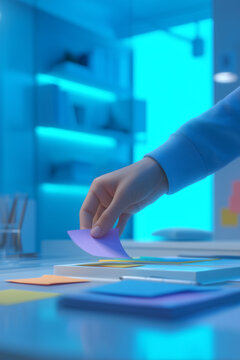 Hand placing colorful sticky note on desk, organizing tasks, planning project, brainstorming ideas, managing busy schedule