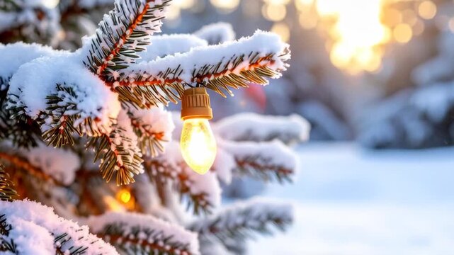Closeup of a snow covered pine branch with a single warm light bulb during winter.