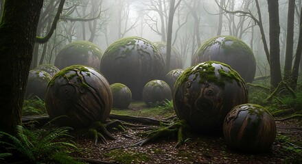 Mysterious Moss Covered Balls in Forest.