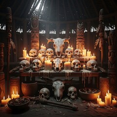 Mysterious Skull Altar with Candles and Ritual Objects.