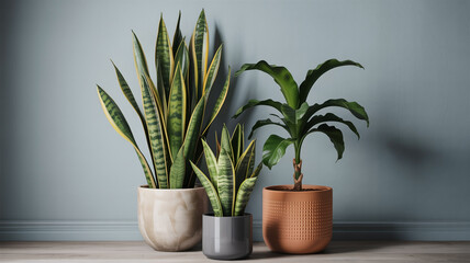 Fototapeta premium Three distinct houseplants in modern pots against a gray wall