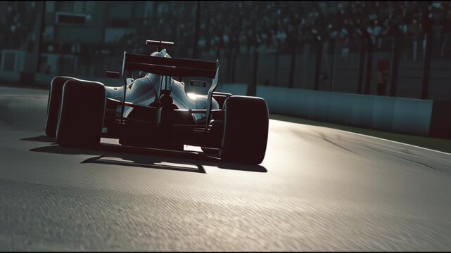 Rear view of a sleek, modern Formula 1 race car speeding down a sunlit track