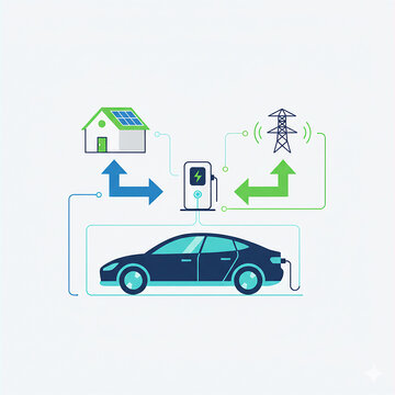 Conceptual illustration of electric vehicle connected to charging station, solar powered home and power grid with bidirectional energy flow representing smart management and sustainability