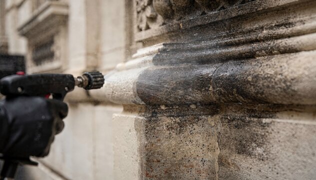 Medium shot of lowpressure washing gently removing soot from an aged limestone facade with the background softly blurred to emphasize the cleaning process.