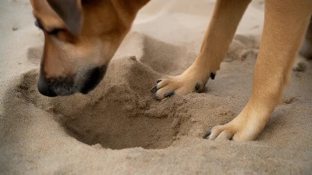 A dog digging in the sand