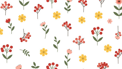 Obraz premium Charming floral pattern consists of dainty yellow and pink flowers paired with small red berries and green leaves on a white backdrop.