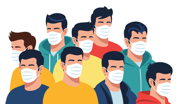 Large crowd of men wearing white protective face masks illustrates the importance of public health measures during an outbreak.